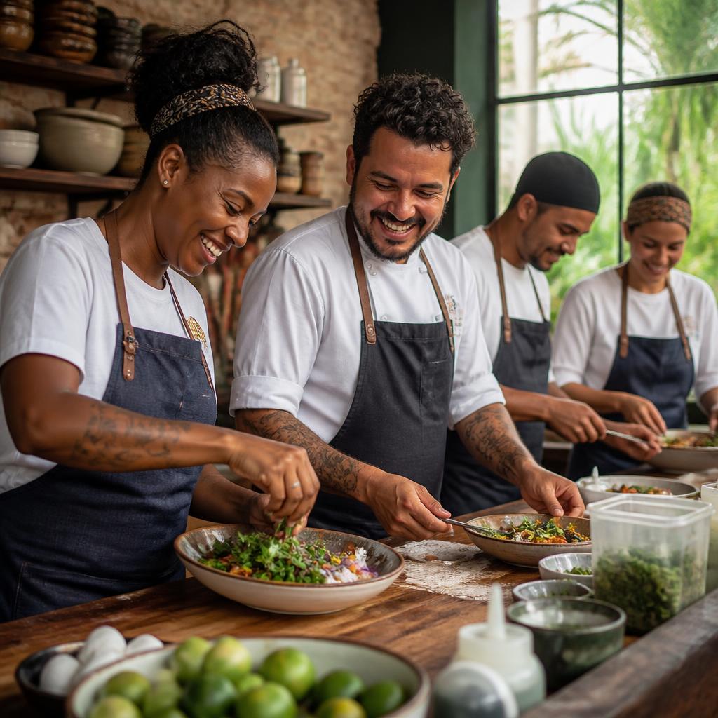 Equipe da Nattureba preparando pratos frescos na cozinha