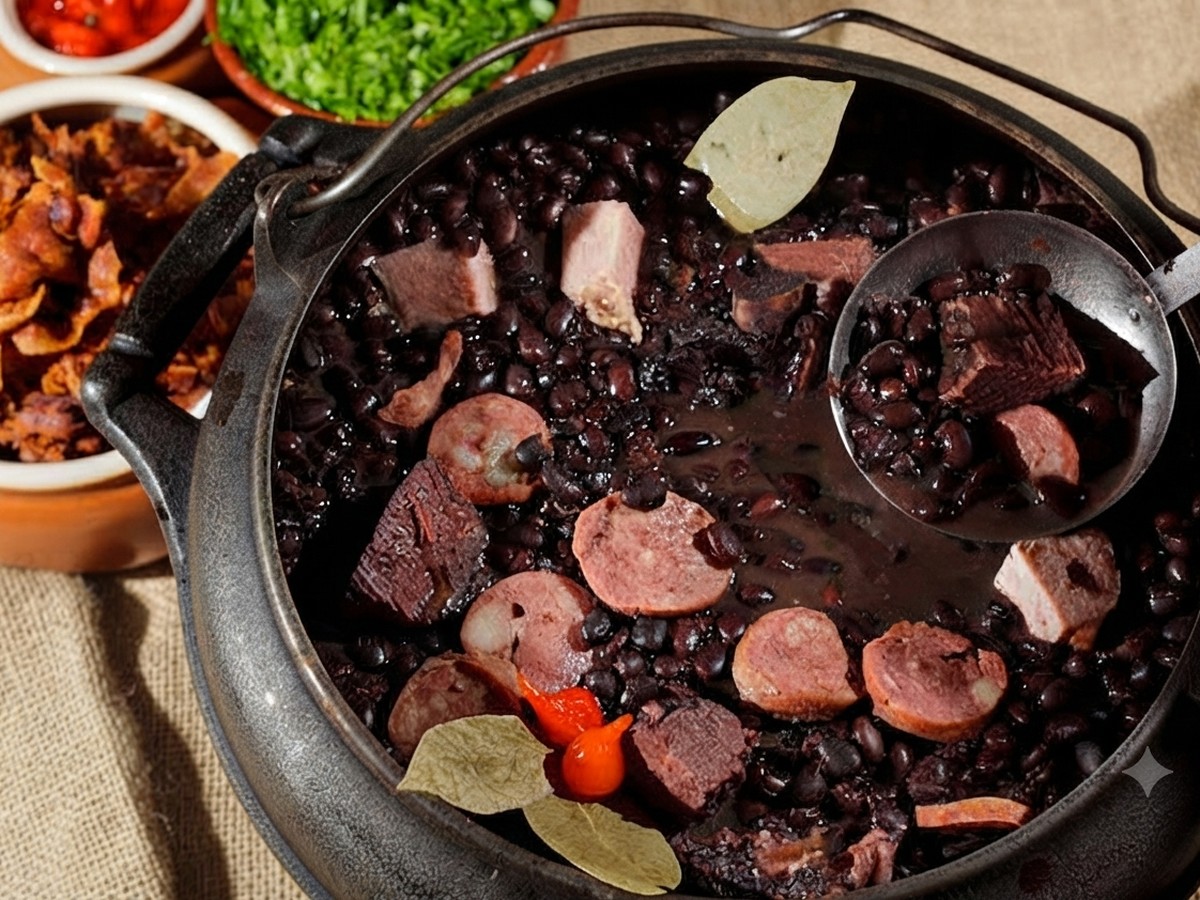 Feijoada carioca completa em panela de ferro com carnes, torresmo e couve
