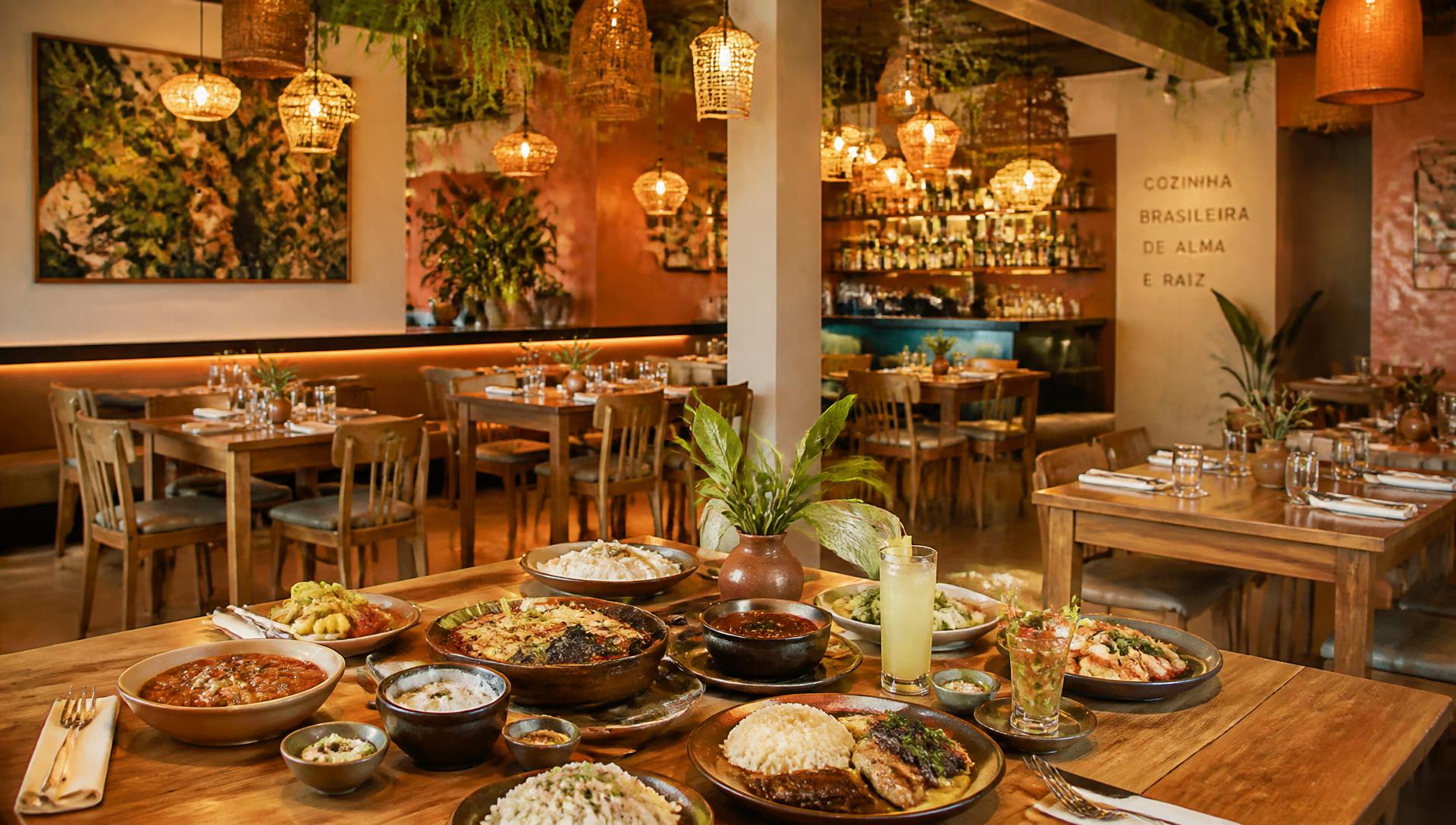 Ambiente acolhedor do restaurante Nattureba com mesas de madeira e pratos regionais