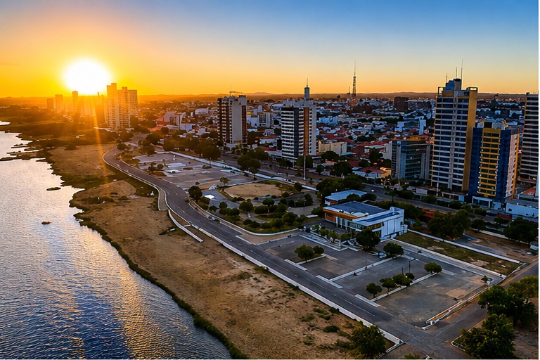 Vista aérea da orla de Petrolina e Juazeiro ao pôr do sol