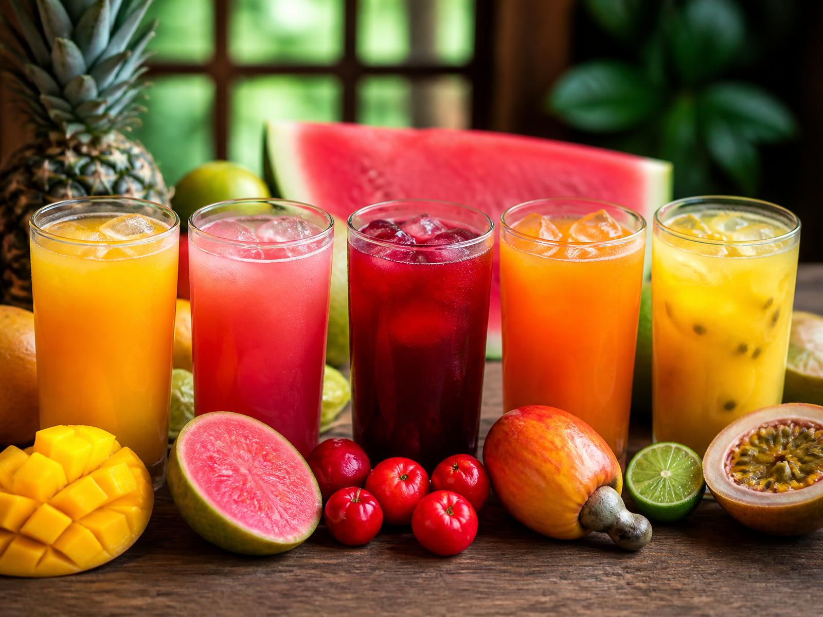 Copos de sucos naturais coloridos com frutas frescas da região