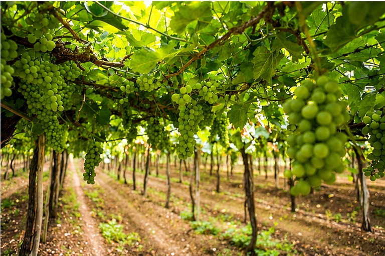 Parreiral com cachos de uvas verdes nas vinícolas do Vale do São Francisco